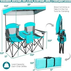 Steel Folding 2-Seater Camping Chair with Canopy and Cooler