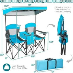 Steel Folding 2-Seater Camping Chair with Canopy and Cooler