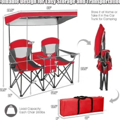 Steel Folding 2-Seater Camping Chair with Canopy and Cooler