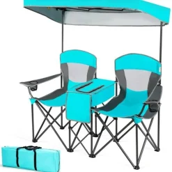 Steel Folding 2-Seater Camping Chair with Canopy and Cooler