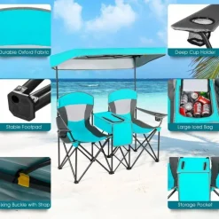 Steel Folding 2-Seater Camping Chair with Canopy and Cooler