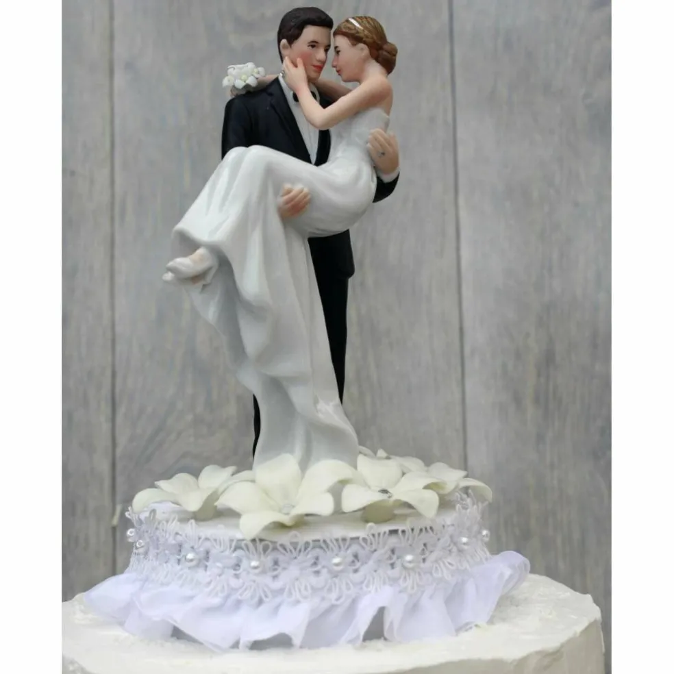 Stephanotis Groom Holding the Bride Wedding Cake Topper (White)