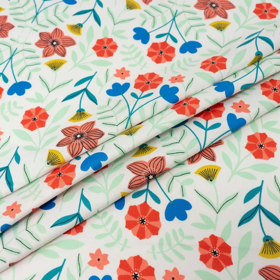 Stitch & Sparkle Modern Scandinavian Small Flowers White Cotton Fabric