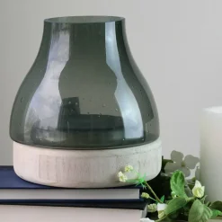 8" Storm Gray Bubble Glass Pillar Candle Holder with Wooden Base
