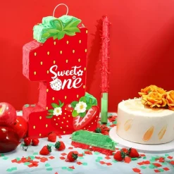 Strawberry 1st Birthday Piñata – Summer Berry Strawberry Party Game with Stick, Blindfold, Mask & Confetti for Girls’ Birthday, Baby Shower, or Strawberry-Themed Party