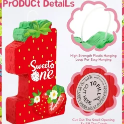 Strawberry 1st Birthday Piñata – Summer Berry Strawberry Party Game with Stick, Blindfold, Mask & Confetti for Girls’ Birthday, Baby Shower, or Strawberry-Themed Party