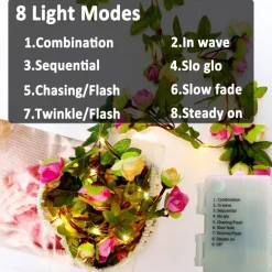 String Lights, 8 Light Modes 6ft 20 LED Rose Flower Garlands for Indoor Outdoor Decor, Fairy Light for Women Wedding Wall Windows Home Garden Party, Battery Powered Waterproof