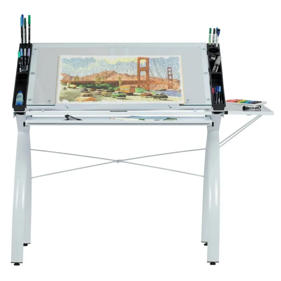 Studio Designs Futura Glass Top Craft Station with Folding Shelf in White