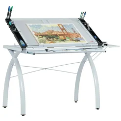 Studio Designs Futura Glass Top Craft Station with Folding Shelf in White