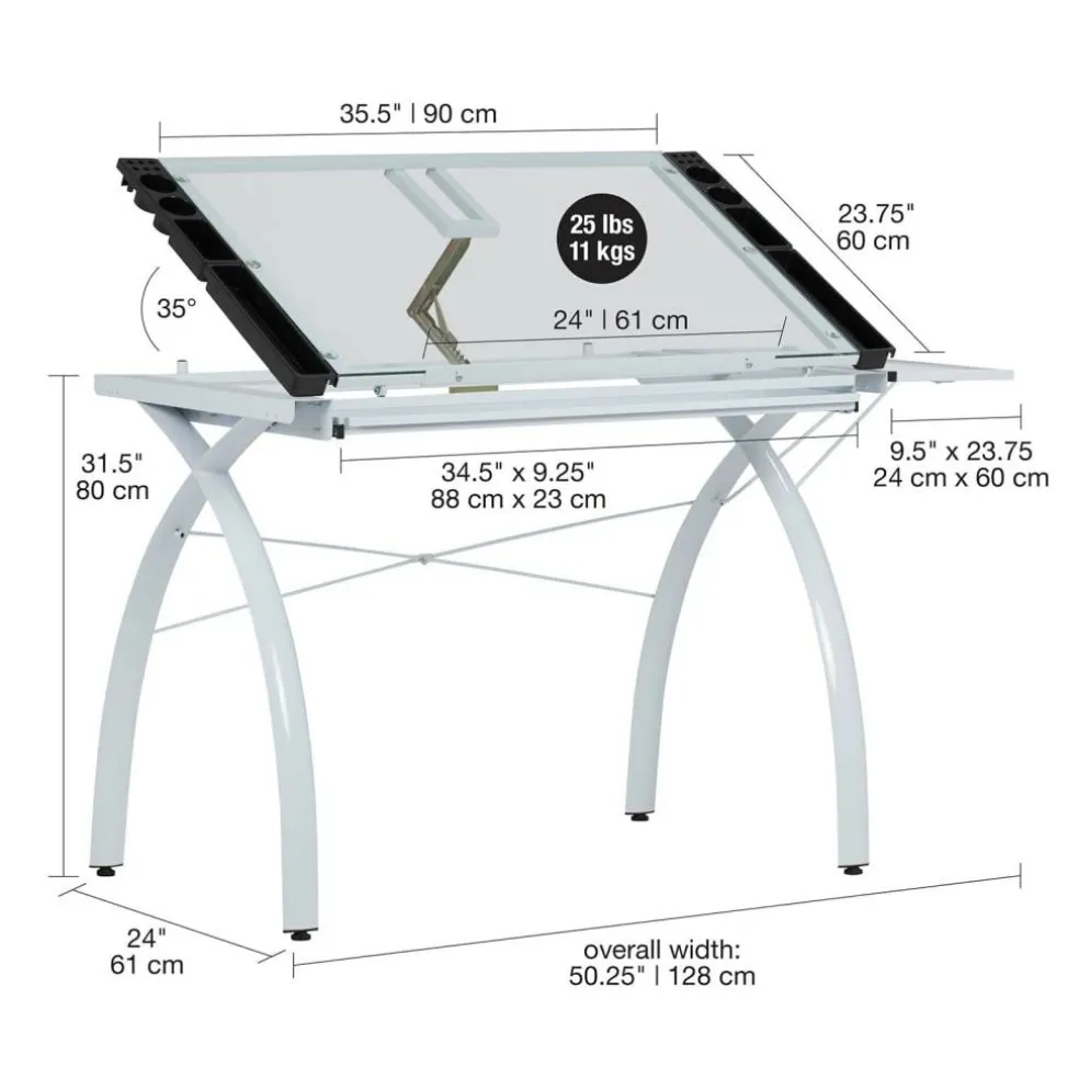Studio Designs Futura Glass Top Craft Station with Folding Shelf in White