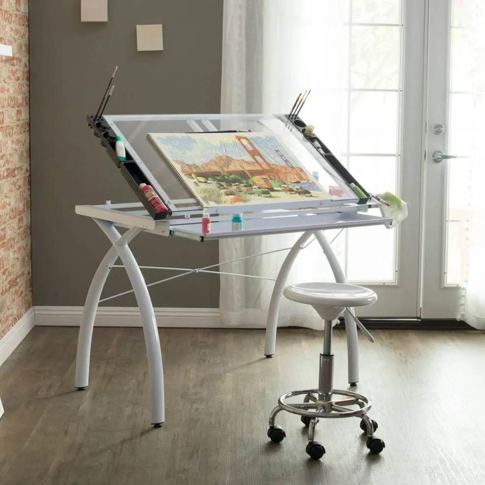 Studio Designs Futura Glass Top Craft Station with Folding Shelf in White