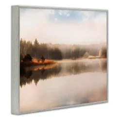 Stupell Industries Autumn Lake Misty Landscape Distant Pine Tree Forest Framed Giclee Art