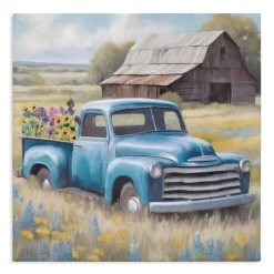Stupell Industries Flower Truck in Antique Blue Canvas, design by Kim Allen
