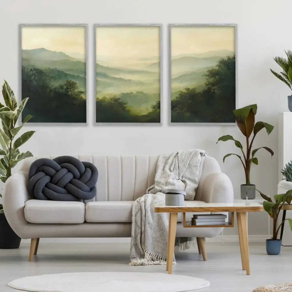 Stupell Industries Through The Haze Mountain Panorama 3pc Framed Giclee Set, design by Petal Prints Design