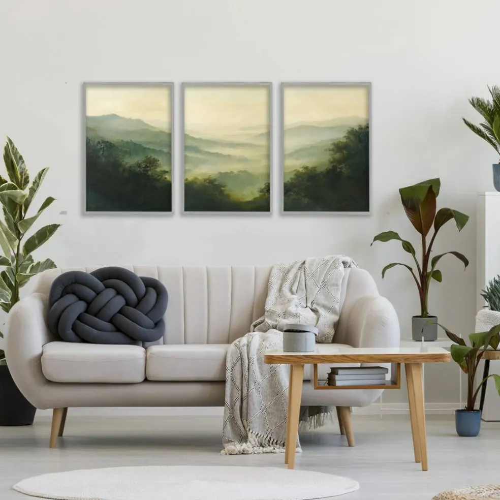 Stupell Industries Through The Haze Mountain Panorama 3pc Framed Giclee Set, design by Petal Prints Design