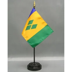 St Vincent Desk Flag with Base; American Made Rayon 4x6 inch Miniature Table Set Includes One Small Mini Country Stick Flags and One Black Stand