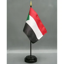 Sudan Desk Flag with Base; American Made Rayon 4x6 inch Miniature Table Set Includes One Small Mini Country Stick Flags and One Black Stand