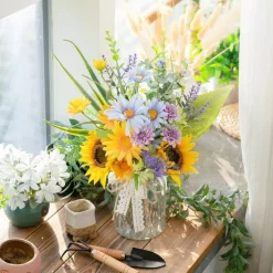 Summer Artificial Sunflower with Vase – Silk Blue Daisy Flower Arrangement