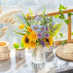 Summer Artificial Sunflower with Vase – Silk Blue Daisy Flower Arrangement