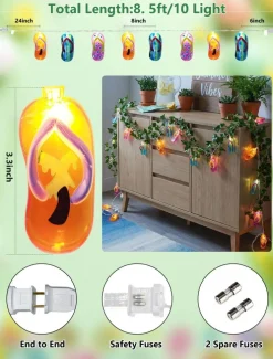 Summer Beach Flip Flop String Lights Plug in, 8.5FT Outdoor Hawaiian Tropical Themed Decoration Lights with 10 LED Multicolor Beach Slipper Lights for Patio Party Birthday Home Window Tent Home Decor