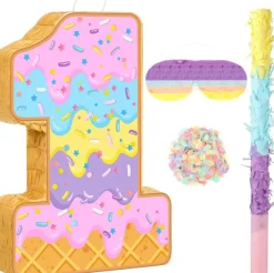 Summer Birthday Piñata Ice Cream Game Set Summer Number Piñata with Bat Stick Blindfold Mask Confetti for Sundae Theme Birthday