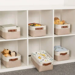 Summer Fabric Baskets for Organizing(6 pack) Collapsible Storage Baskets for Shelves, Closets, Laundry, Nursery, Decorative Baskets for Gifts Empty (White&Khaki, 11.8" x 7.8" x 5.1")