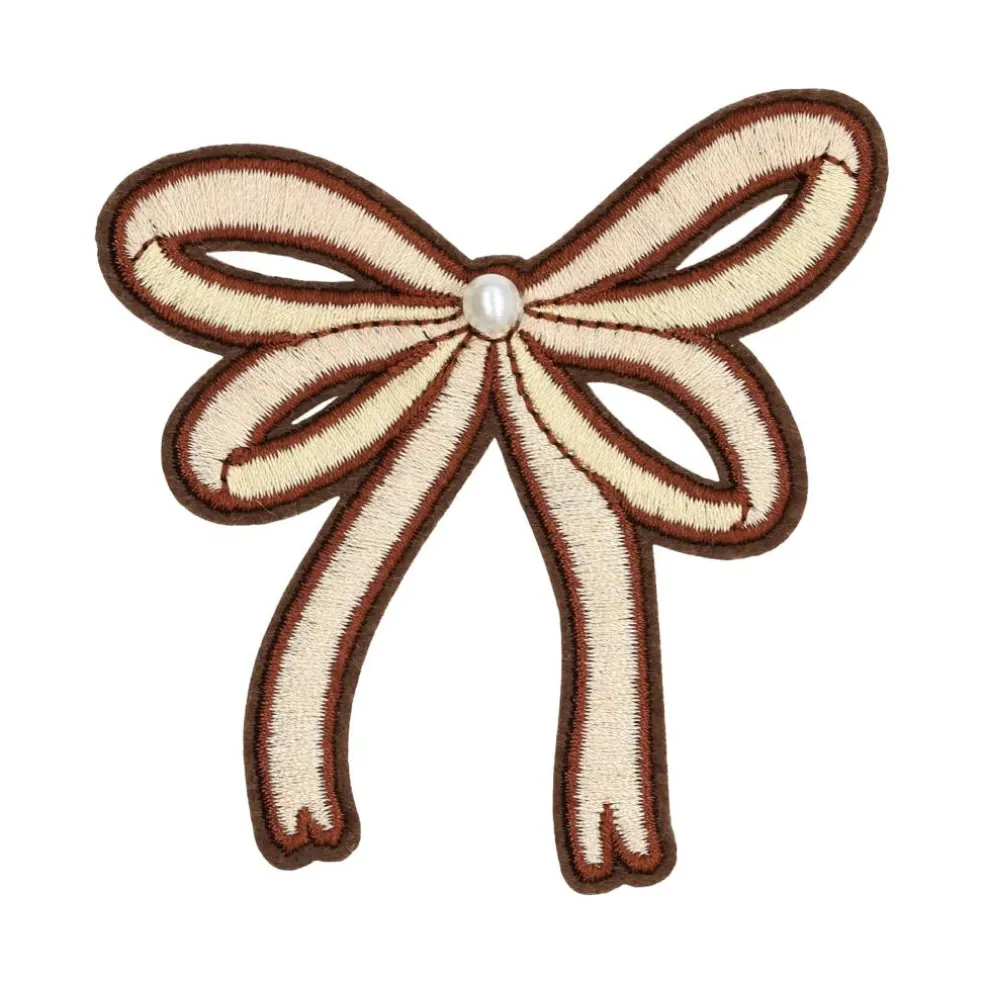 Summer Fashion Cream & Brown Bow Iron-On & Adhesive Embroidered Patch by Make Market®