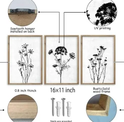 Summer Flower Plant Wall Decor 16"x11", Set of 3 Black and White Botanical Paintings, Wood Framed for Minimalist Bedroom, Office, and Rustic Living Room, Abstract Wildflower Hanging Sign (Wood White)