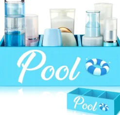 Summer Storage Basket Blue Pool Wooden Box with Three Compartments Toilet Tank Tray for Indoor Outdoor Swimming Pool Decor Sunblock Sunglasses Pool Toy Storage Box
