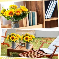 Summer Sunflower Sets – 6 Sets Artificial Sunflowers in Vintage Metal Pots, Rustic Faux Flower Decor for Tables & Centerpieces