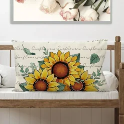 Sunflower Lumbar Pillow Cover 12x20 – Spring Summer Floral Eucalyptus Leaves Design, Farmhouse Rectangular Couch Cushion Case for Indoor Outdoor Decor
