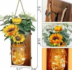 Sunflower Mason Jar Wall Sconces Set of 2 – Farmhouse Wall Decor with Remote Control LED Lights, Rustic Wood Hanging Sunflower Lights for Kitchen Living Room Bedroom Home Decor