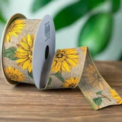 1.5" Sunflowers Linen Ribbon: Light Natural (10 Yards)