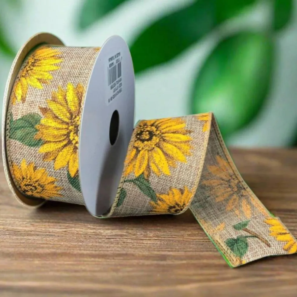 1.5" Sunflowers Linen Ribbon: Light Natural (10 Yards)