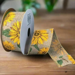 1.5" Sunflowers Linen Ribbon: Light Natural (10 Yards)