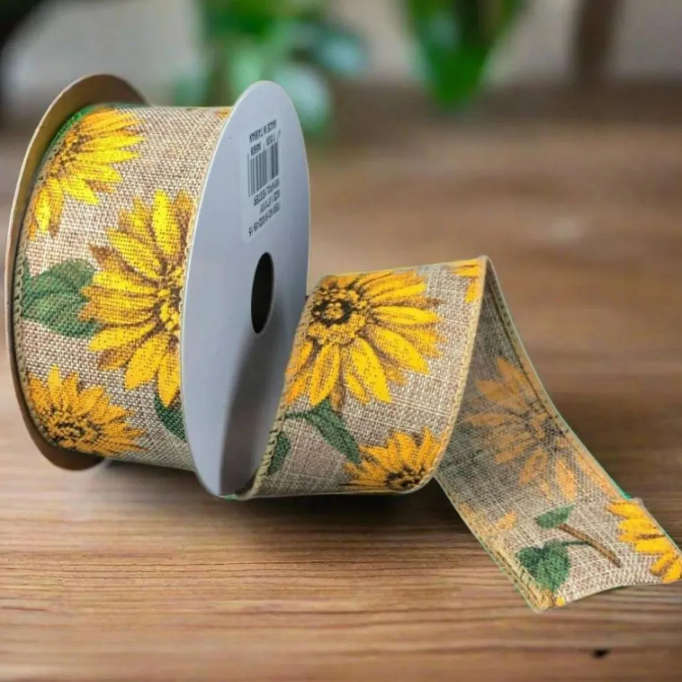 1.5" Sunflowers Linen Ribbon: Light Natural (10 Yards)