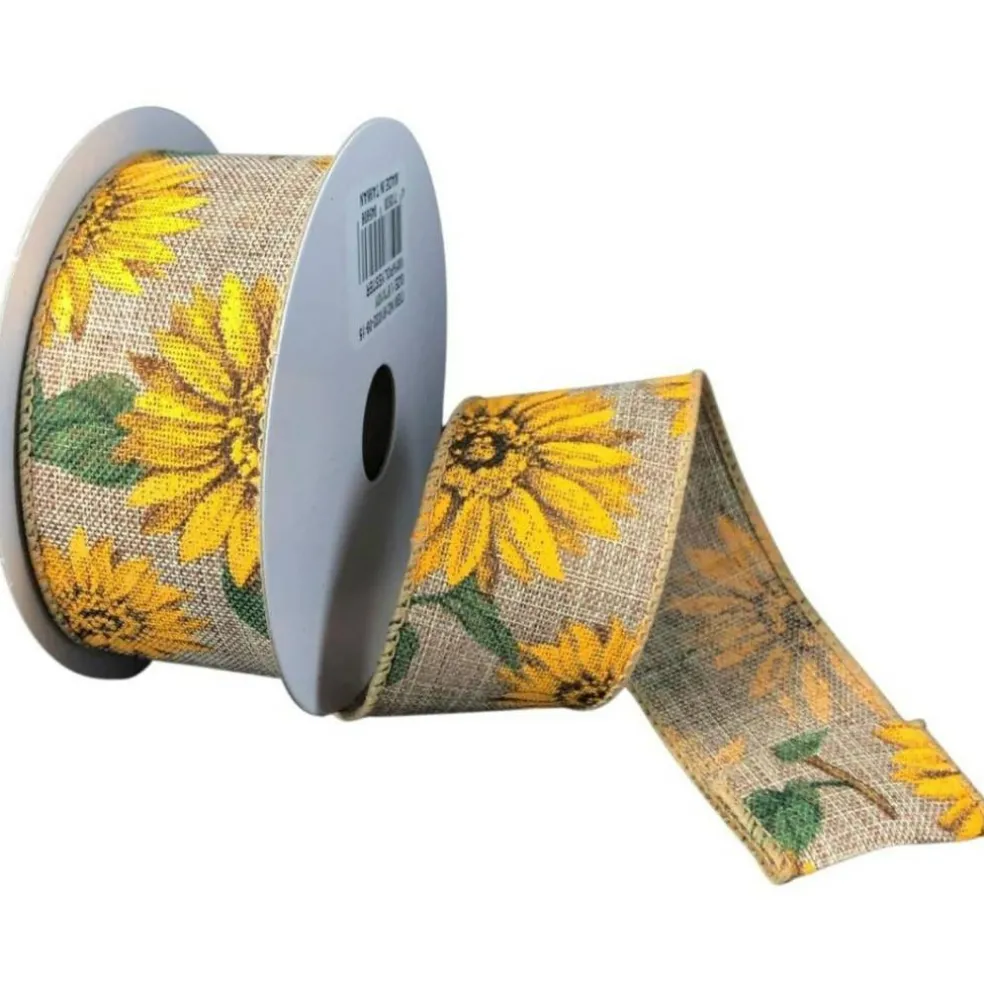1.5" Sunflowers Linen Ribbon: Light Natural (10 Yards)