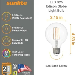 Sunlite 8.5w 120v LED G25 Globe E26 Base Dimmable 2200K Bulb - Warm White