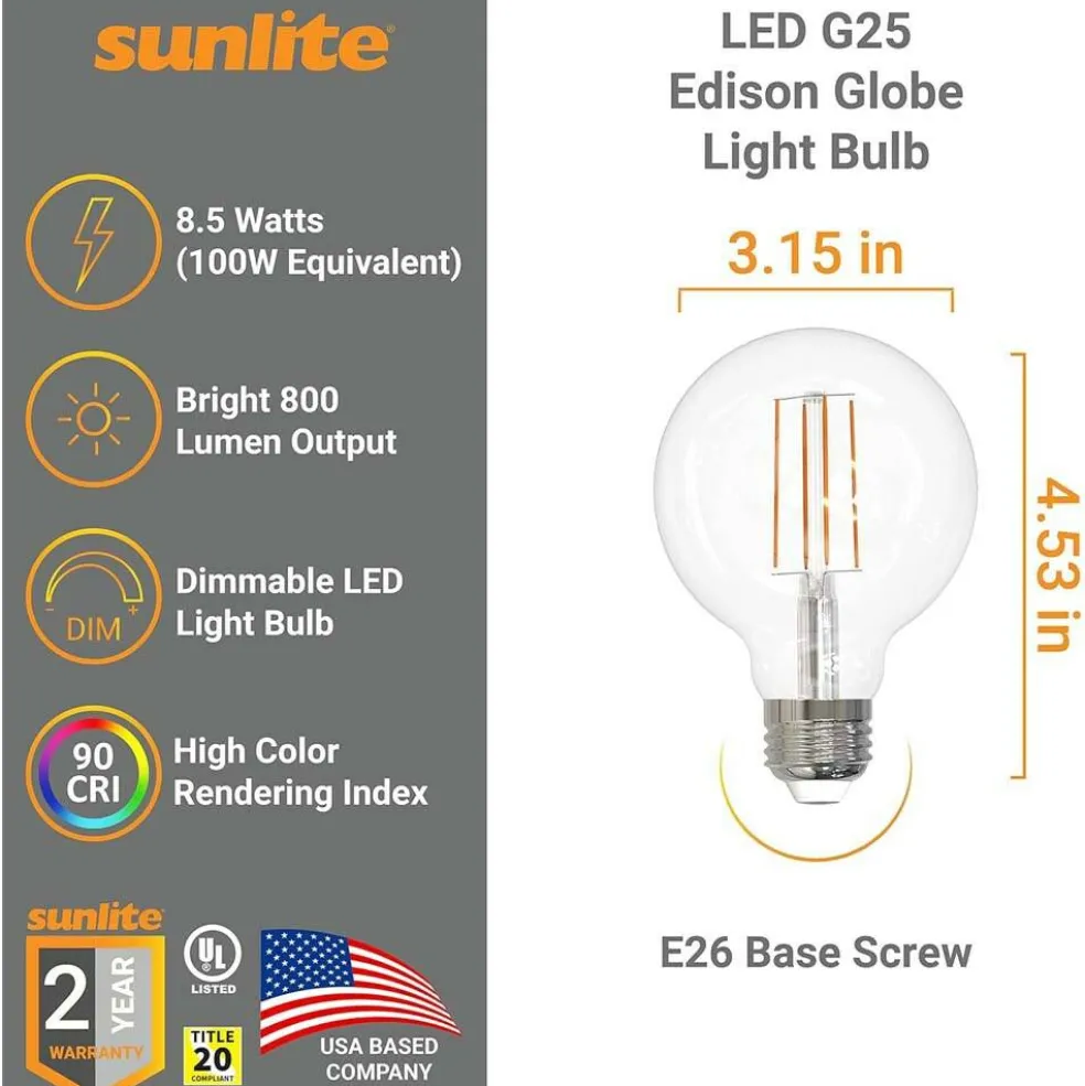 Sunlite 8.5w 120v LED G25 Globe E26 Base Dimmable 2200K Bulb - Warm White