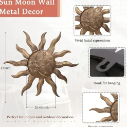 27" Sun Metal Wall Art Outdoor Decor, Gold Sun Face Wall Sculpture, Hanging Garden Wall Decoration for Patio, Fence, Living Room, Bedroom, Indoor & Outdoor Home Decor