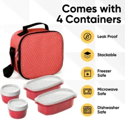 Superio Insulated Lunch Bag with Containers, Thermal Lined Lunch Box, Red
