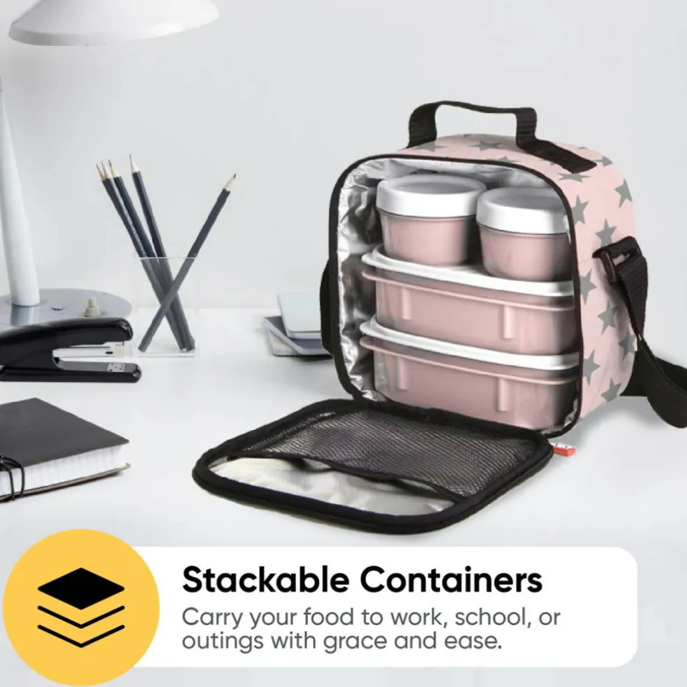 Superio Insulated Lunch Bag with Containers, Thermal Lined Lunch Box, Pink