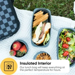 Superio Insulated Lunch Bag with Containers, Thermal Lined Lunch Box, Grey Checked