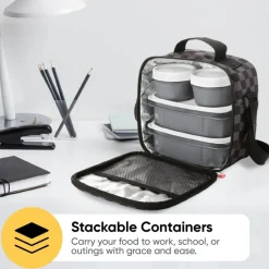 Superio Insulated Lunch Bag with Containers, Thermal Lined Lunch Box, Grey Checked