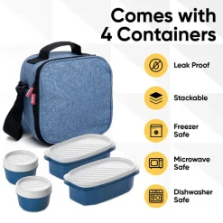 Superio Insulated Lunch Bag with Containers, Thermal Lined Lunch Box, Denim Blue