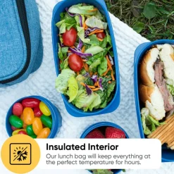 Superio Insulated Lunch Bag with Containers, Thermal Lined Lunch Box, Denim Blue