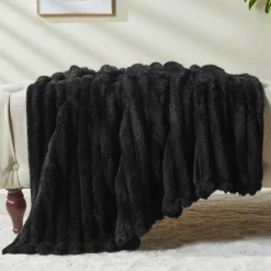Super Soft Black Ribbed Flannel Fleece Throw Blanket 50x60 Inch – Premium Lightweight Microfiber Plush Blanket for Couch, Bed, Sofa & All Season Home Use, Cozy Decorative Warm Bedspread (Black Ribbed Design)