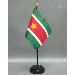 Suriname Desk Flag with Base; American Made Rayon 4x6 inch Miniature Table Set Includes One Small Mini Country Stick Flags and One Black Stand