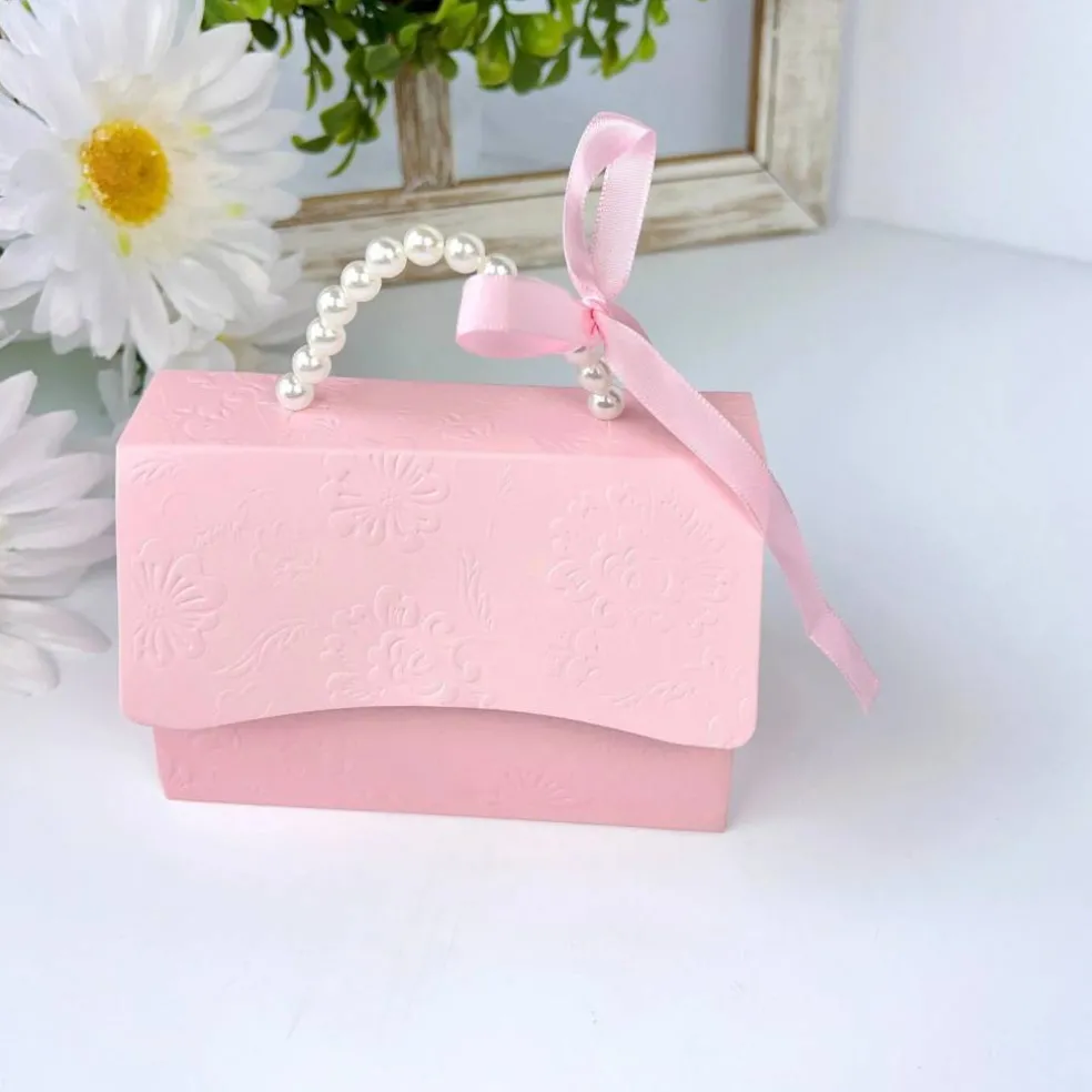 Sweet Degrees Kitchen Embossed Handbag Favor Box with Pearl Handle and Ribbon