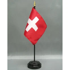 Switzerland Desk Flag with Base; American Made Rayon 4x6 inch Miniature Table Set Includes One Small Mini Country Stick Flags and One Black Stand